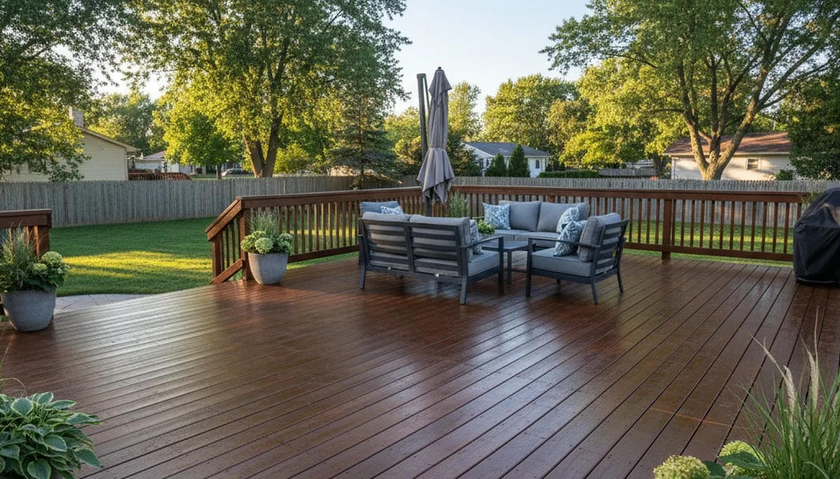 Freshly stained wood deck in Kenosha WI showcasing professional house-painting and weather protection
